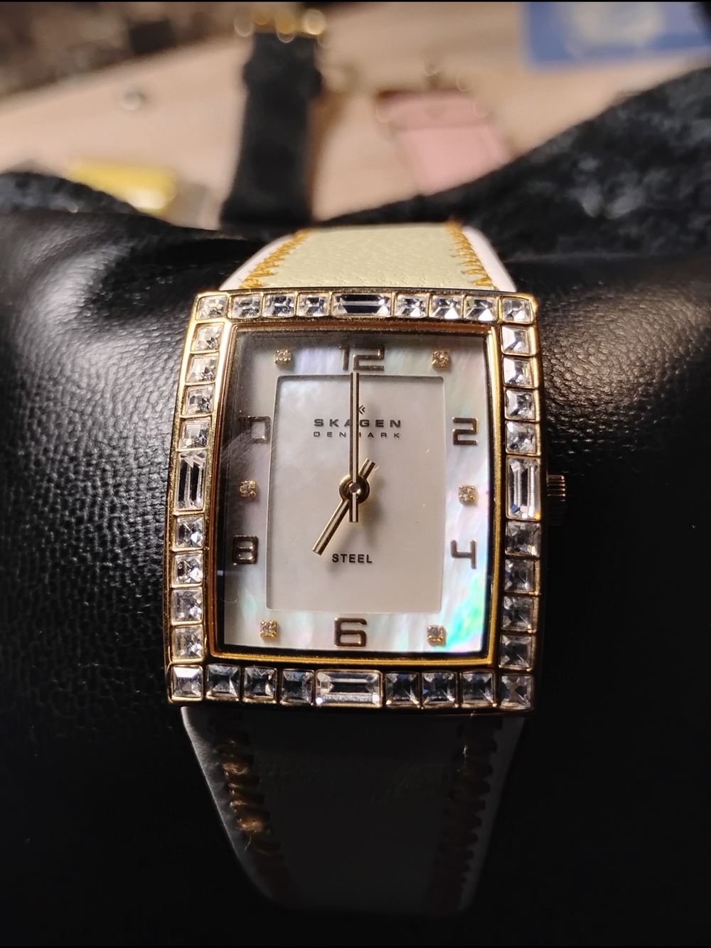 Skagen Gold-Tone Crystal Square Watch with Cream Leather Strap - Picture 6 of 9